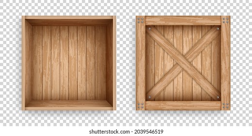 Open and closed containers of old planks. Realistic wooden crates for storage, transportation and delivery design. Cargo boxes mockup template.