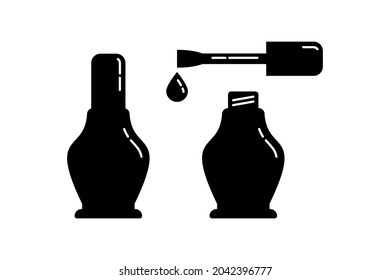 Open and closed cosmetic container nail polish with brush. Female makeup product. Plastic or glass bottle. Fashion and style. Black silhouette. Isolated object. Illustration isolated white background.