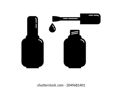 Open and closed cosmetic container nail polish with brush. Female makeup product. Plastic or glass bottle. Fashion and style. Black silhouette. Isolated object. Illustration isolated white background
