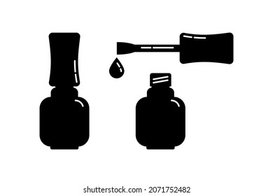 Open and closed cosmetic container nail polish with brush. Female makeup product. Plastic or glass bottle. Fashion and style. Black silhouette. Isolated object. Illustration isolated white background
