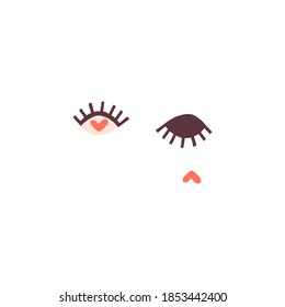 Open Closed Cry eye with heart shaped pupil tear simple minimalistic abstract face vector illustration isolated on white background