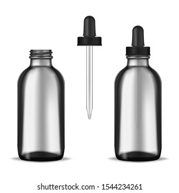 Open and closed dark clear thick glass bottle with screw dropper cap isolated on white background, realistic mockup. Cosmetic or medical product container, vector mock-up.
