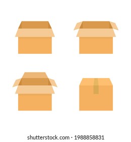 Offener und geschlossener Lieferkasten-Set. Sammlung von Kartoncontainerelementen. Symbolgruppe der Verpackungskästen. Pappensymbole. Vektorgrafik einzeln auf Weiß.