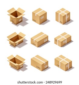 Open and closed delivery cardboard 3d realistic decorative icons set isolated vector illustration