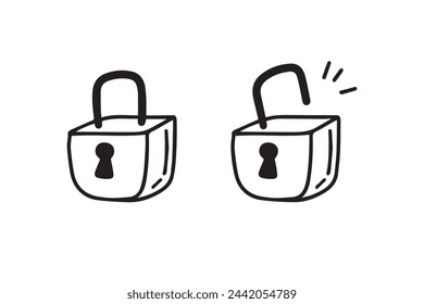 Open closed doodle lock. Hand drawn sketch style. the concept of lock and unlock. Two options. Vector illustration