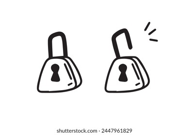 Open closed doodle lock. Hand drawn sketch style. the concept of lock and unlock. Two options. Vector illustration