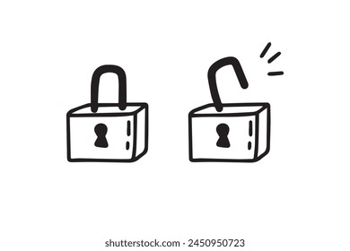 Abra la cerradura de garabato cerrada. Estilo de dibujo dibujado a mano. el concepto de bloqueo y desbloqueo. Dos opciones. Ilustración vectorial