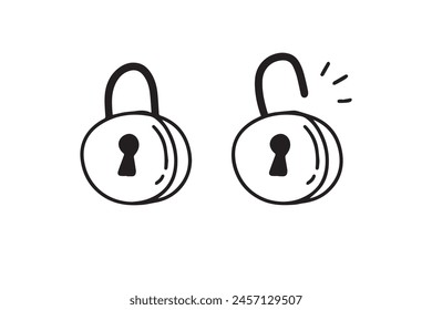 Open closed doodle lock. Hand drawn sketch style. the concept of lock and unlock. Two options. Vector illustration