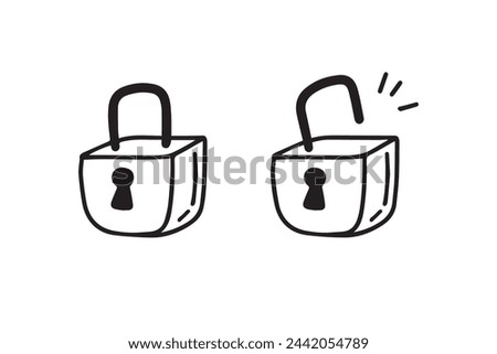 Open closed doodle lock. Hand drawn sketch style. the concept of lock and unlock. Two options. Vector illustration
