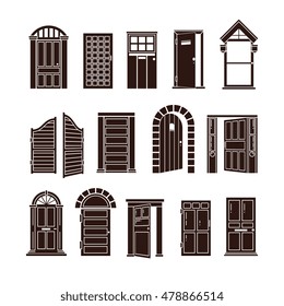Open and closed door black vector icons set. Entrance to home or doorway to office illustration