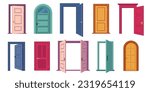 Open and closed door collection. Cartoon entrance and exit doors with handles and frames, home exterior architecture concept. Vector set of door open collection illustration