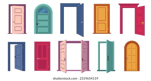 Open and closed door collection. Cartoon entrance and exit doors with handles and frames, home exterior architecture concept. Vector set of door open collection illustration