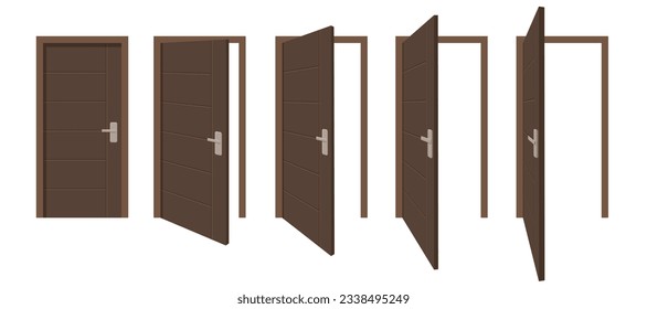 Open and closed door collection. Entrance and exit doors with handles and frames. Entry, exit in doorframe. Flat vector illustration isolated on white background