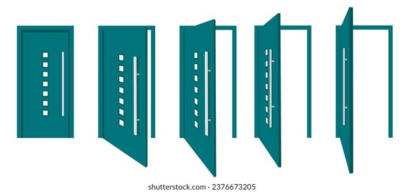 Open and closed door collection. Entrance and exit doors with handles and frames. Entry, exit in doorframe. Flat vector illustration isolated on white background