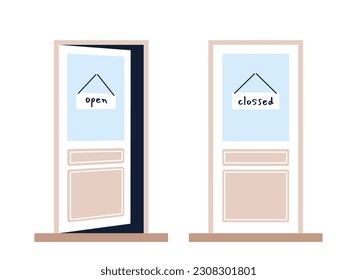 Open and closed door concept. Entrance and exit in office or home. Doorway to garage. Posetr or banner for website. Cartoon flat vector illustration isolated on white background