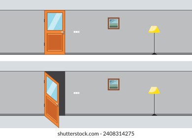 Offene, geschlossene Tür, Eingangstür. Hausfassade oder Zimmereingang. Mathematik und Geometrie. Physik, Wissenschaft, Chemie, Architektur, Design, Dekoration. Bildung, Unterricht, Schule, Prüfung.