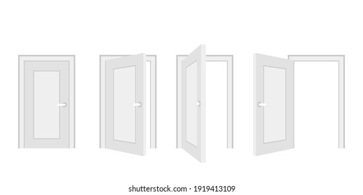 Open and closed door home interior, entrance doorway. White wooden  doors template in different stages of opening. Indoor interior. Welcome concept. Vector illustration isolated on white background