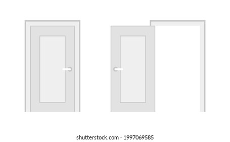 Open and closed door home interior, entrance doorway. White wooden doors template in different stages of opening. Indoor interior. Welcome concept. Vector illustration isolated on white background