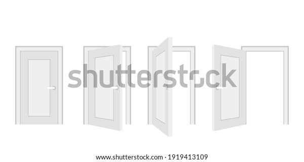 Open and closed door home interior, entrance\
doorway. White wooden  doors template in different stages of\
opening. Indoor interior. Welcome concept. Vector illustration\
isolated on white\
background