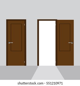Open and closed door house front. 
