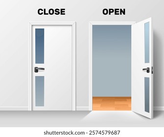 Open and closed door with inscription. Elegant modern white entrance with glass, black handles, office or home exit. Stop or welcome. Realistic isolated interior elements. Vector concept