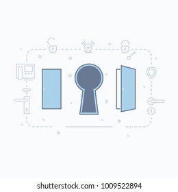 Open and closed door and keyhole. Conceptual vector illustration. Line design.