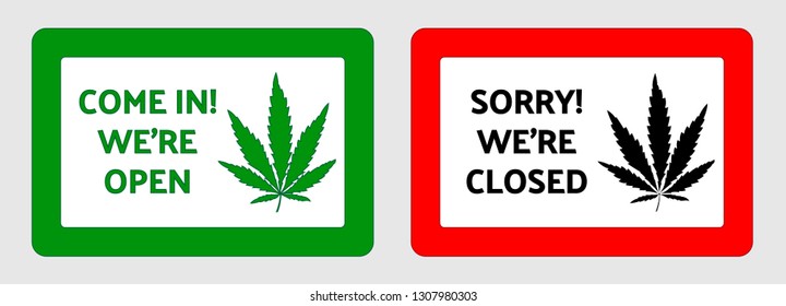 Open and Closed door rectangle signs with leaf legalized cannabis symbol. Information signboard for shop, cafe, restaurant selling hemp. Flat trendy vector illustration