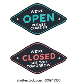 Open and closed door sign for a shop isolated in white background