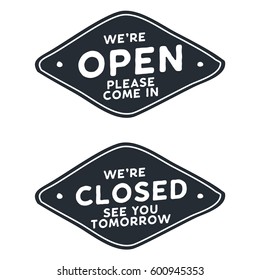 Open and closed door sign for a shop isolated in white background