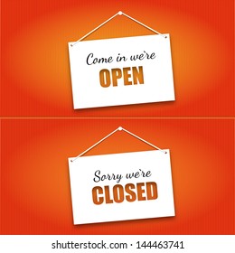 Open and Closed door signs board. Vector illustration.