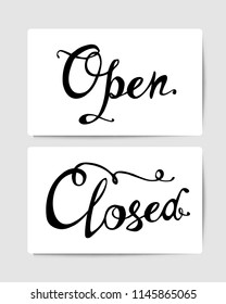 Open, closed. Door signs. Hand written doodle vector words