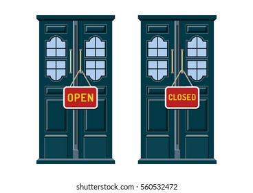 Open And Closed door signs hanging on a door. Vector Illustration