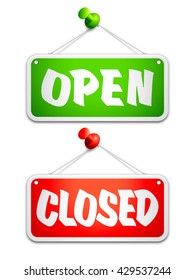 Open and closed door signs on white background