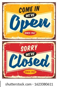 Open and closed door signs set  welcoming shop or store visitors. Colorful vector collection of retail business info. 