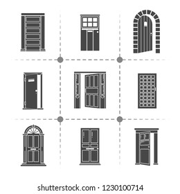 Open and closed door silhouettes vector icons set
