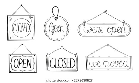 Open closed door tag set vector. Supermarket haning labels. Shop door badge illustration in doodle sketch style. Window open store label. 