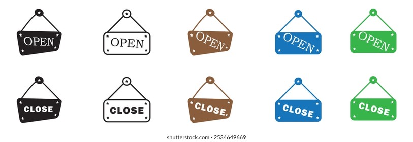 Conjunto de iconos de etiquetas de puertas abiertas y cerradas. Ilustración vectorial