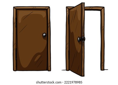 Open and closed door vector illustration on white background