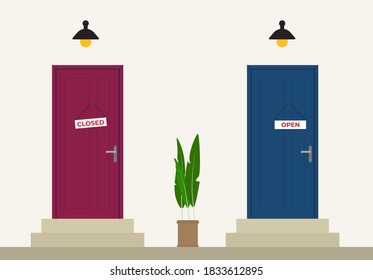 Puerta abierta y cerrada.Vista frontal  Ilustración vectorial plana de dibujos animados en estilo moderno para impresión, web.
