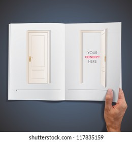 Open and closed doors inside a book. Vector design.