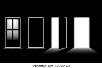 Open and closed doors with lights