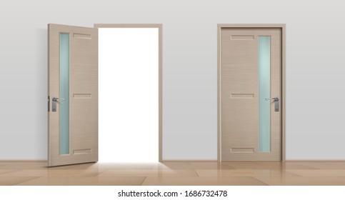 Open And Closed Doors. Realistic 3D White And Brown Home And Office Entry Doors. Vector Image Different Front Apartment Doors Set Isolated On White Background