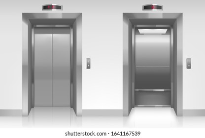 Open and closed elevator doors in office hallway. Vector realistic empty modern interior with lift, metal panel with buttons and floor display on wall in hall of hotel or house