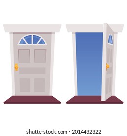 Open and closed entrance doors of house with blue sky in outside doorway. White wooden interior doors. Flat cartoon vector illustration isolated on white.