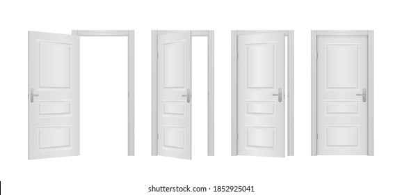 Open and closed entrance realistic door. Open and closed front door of the house isolated on white background. Classic room concept. Wooden outdoor entrance with shining light. Vector illustration.