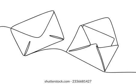 Open and closed envelope with a letter. World Letter Writing Day. One line drawing for different uses. Vector illustration.