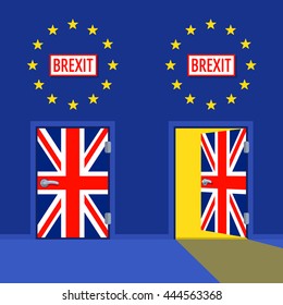 Open and closed exit Doors painted in flag of the United Kingdom color Vector illustration. BrExit text on the plates. Wall painted in EU flag colors with stars. 