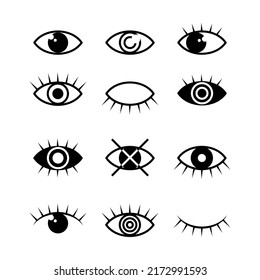 Open and closed eye icons set in a minimalistic design. Eyes with eyelashes. Black and white look symbols.