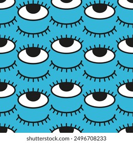 Open and closed eye. Winked eyes seamless pattern. Blinked eyes with lashes on blue backdrop. Vector line illustration
