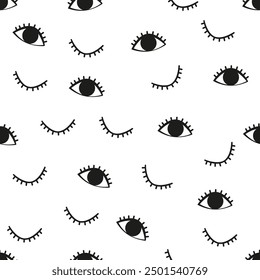 Open and closed eye. Winked eyes seamless pattern. Line icon with eyes in black color on white background. Hand drawn vector illustration
